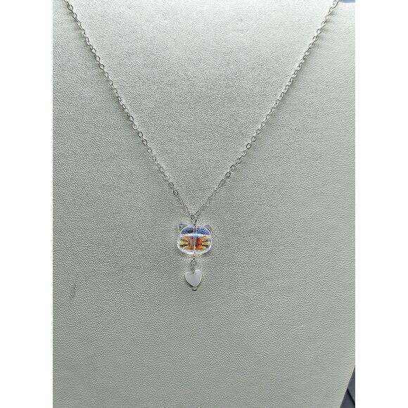 Glass Cat Charm Necklace Shell Heart Silver Chain for Kids and Cat Lovers - Picture 4 of 4